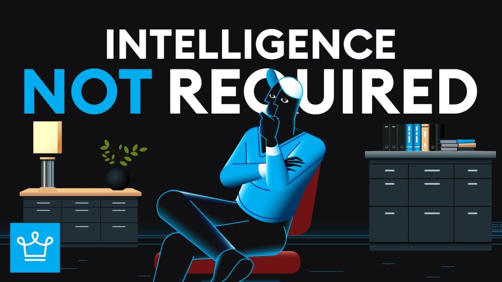 Illustration of a man thinking in a chair beneath the words Intelligence Not Required